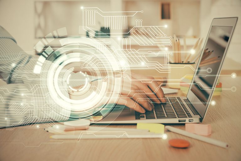 Businessman working on Laptop with technology theme drawing. Concept of big data. Double exposure