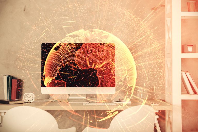 Double exposure of social network theme drawing and office interior background. Concept of web