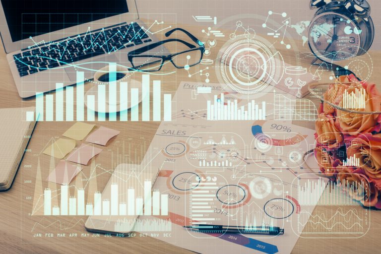 Multi exposure of forex chart and work space with computer. Concept of international online trading