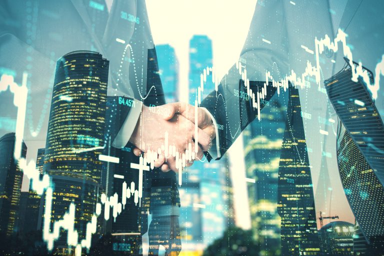 Handshake on abstract stock chart and skyscraper background