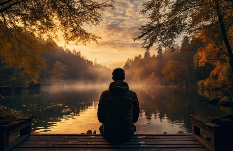 a man is sitting on a wooden dock while at sunrise