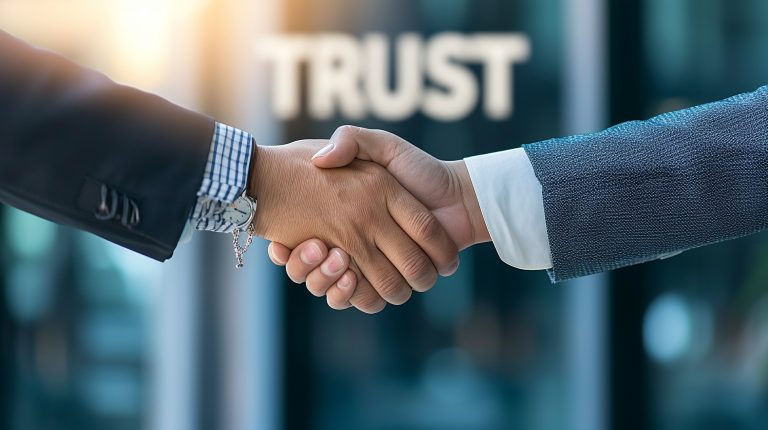 Businessman and businesswoman shaking hands with trust in the city