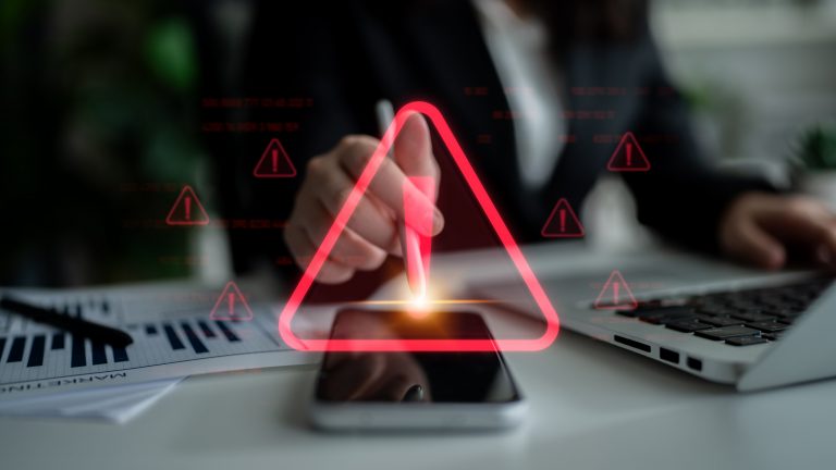 Cybersecurity warning icon with glowing red alert symbol Latch